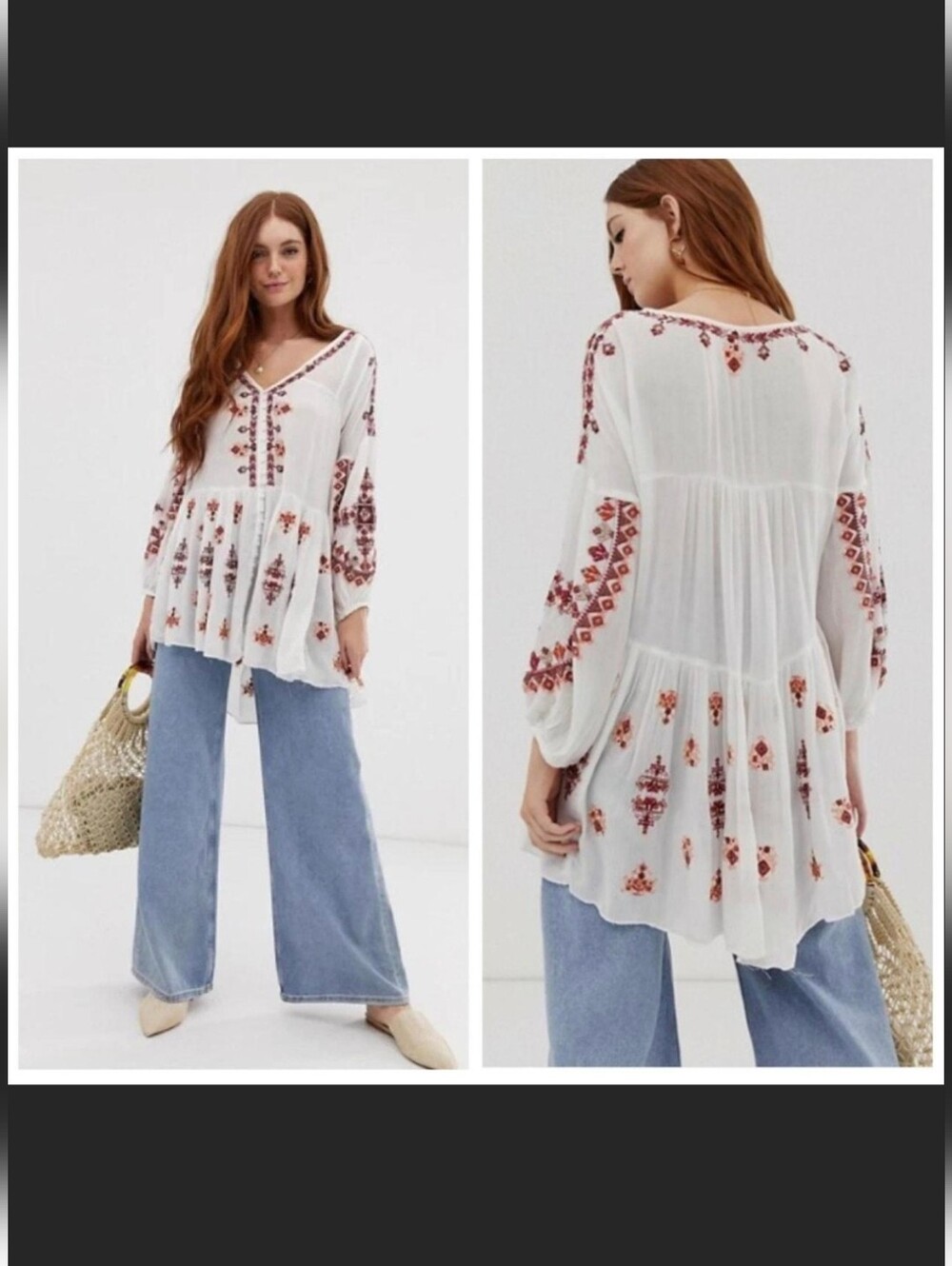 Free People White Peasant Tunic with Rust Embroidery L Oversize